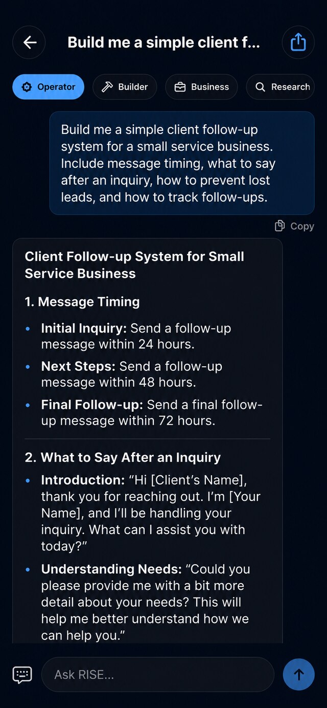 RISE AI Command chat reply rendered in clean Markdown