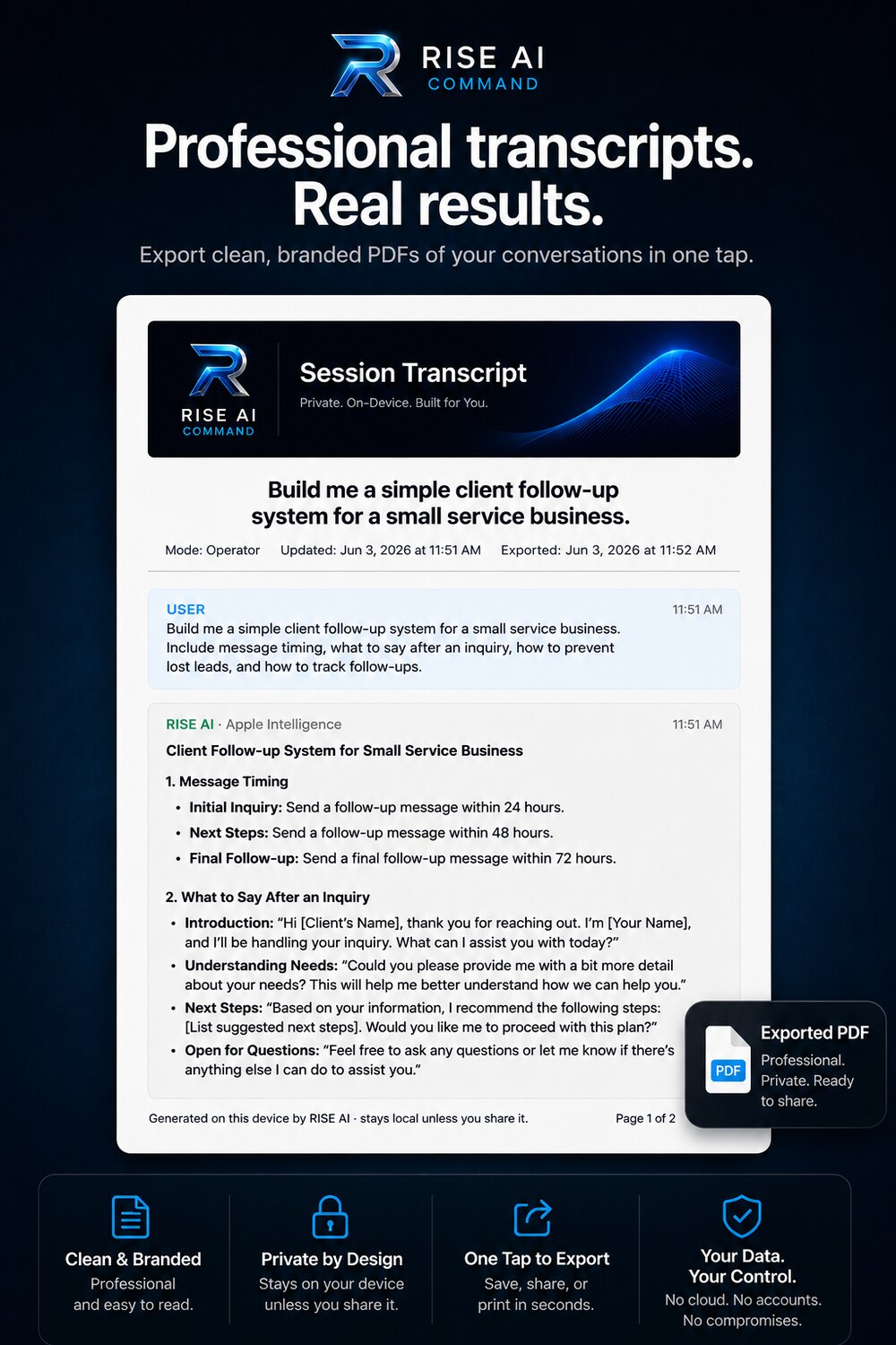 RISE AI Command — export any conversation as a clean, branded, professional PDF