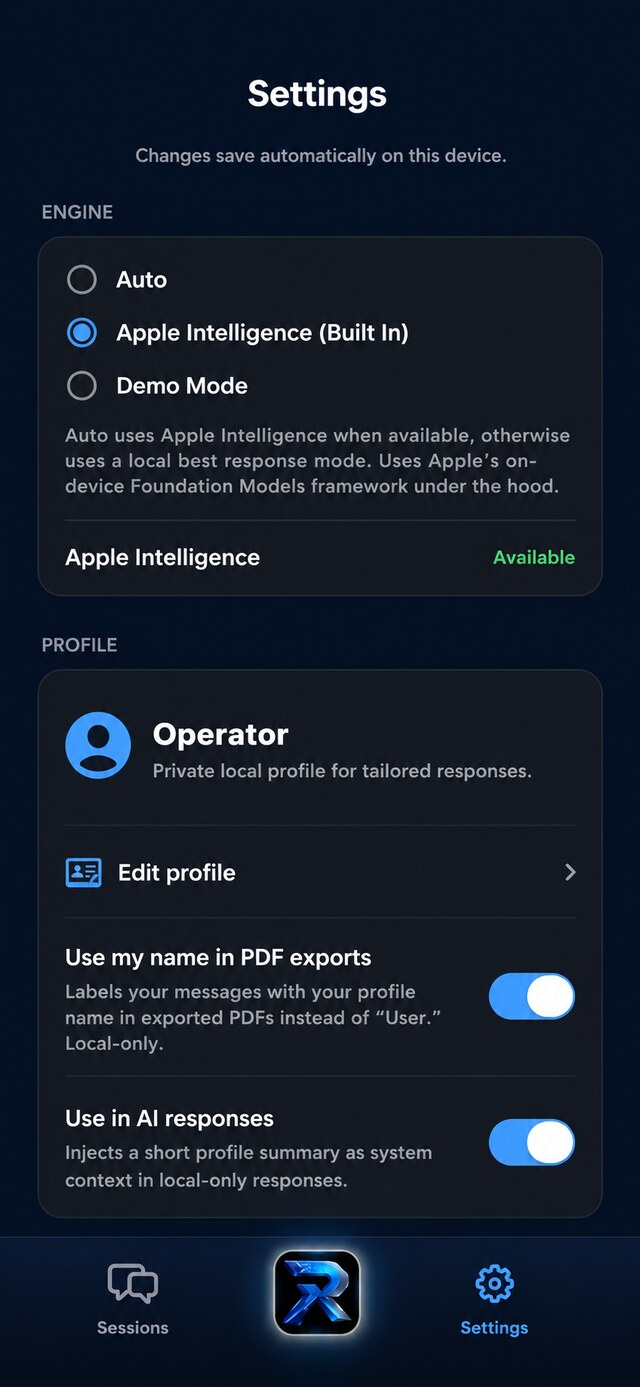 RISE AI Command Settings — engine and Operator Profile
