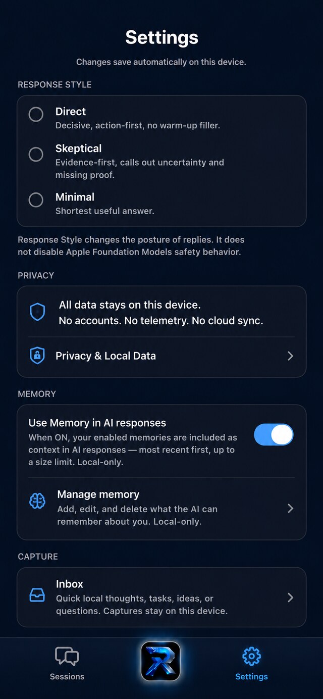 RISE AI Command Settings — privacy, local memory, and local capture inbox